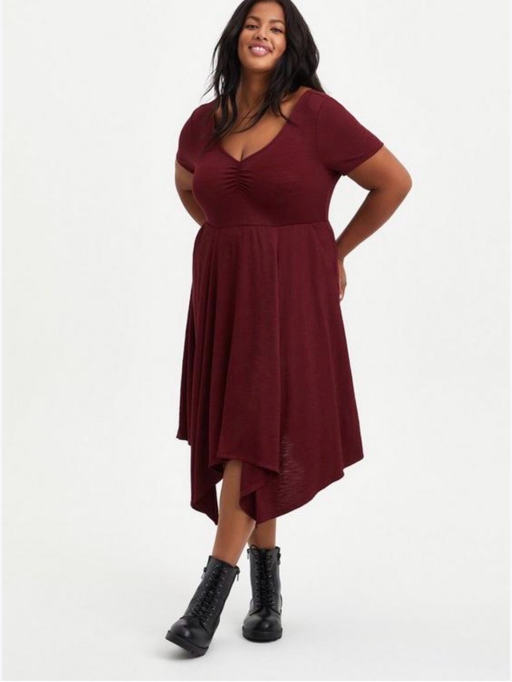 Torrid Handkerchief Skater Midi Ribbed Dress Burgundy Size 4X 26